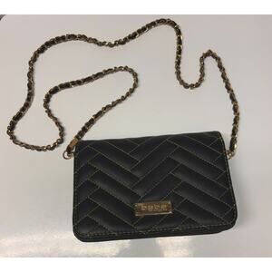 BEBE Black Quilted Green Stitch Shoulder Bag Crossbody Purse Gold Chain Clutch
